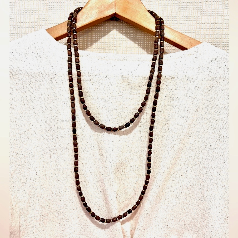 Coldwater Creek Wood & Gold Beaded Long Necklace 60 inch length Minimalist Boho
